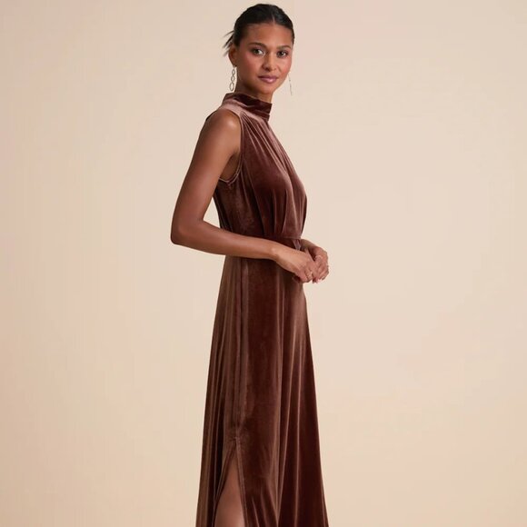 Classic Elegance Brown Velvet Sleeveless Mock Neck Maxi Dress - Picture 4 of 5